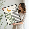 Set of 2 Boho Sun Moon Arch Palm Leaf Neutral Canvas Wall Art