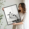 Novelty Penguin Bath Wall Canvas, Monochrome Penguins Splashing In Bathtub Artwork, Fun Powder Room Home Decor
