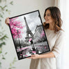 Valentine Paris Eiffel Tower Couple Canvas Wall Art, Romantic Couple With Pink Umbrella Cherry Blossom Framed Canvas Print, Love Themed Bedroom Wall Decor