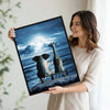 Elephant and Giraffe Watching Full Moon Over Ocean Canvas Wall Art, Wild Animals on Seaside Rock Vertical Print, Mystical Night Seascape Living Room Bedroom Wall Decor