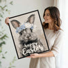 Happy Easter Grey Bunny Blue Floral Crown Canvas Wall Art