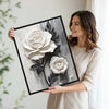 3D Textured White Rose Canvas Wall Art, Black and White Floral Impasto Painting Print, Minimalist Neutral Vertical Wall Decor for Living Room Bedroom