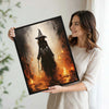 Mysterious Dark Witch Fire Scene Framed Canvas Wall Art, Gothic Halloween Wall Decor
