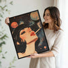 Retro Cosmic Pin Up Woman Canvas Print, Vintage Galaxy Planet Red Lips Surreal Pop Wall Art