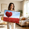 Valentine Red Heart‑Shaped Tree Canvas Wall Art, Romantic Heart Tree in Red Wildflower Field Framed Canvas Print, Love Theme Living Room Bedroom Wall Decor