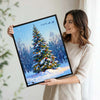 Vintage Christmas Forest Canvas Print, Snow‑Covered Xmas Tree with Ornaments & Santa Sleigh Holiday Wall Art