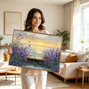 Lavender Seaside Sunset Canvas Wall Art, Coastal Ocean View Purple Lavender Butterfly Impasto Oil Painting Print, Horizontal Farmhouse Landscape Living Room Decor