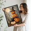 Halloween Black Cat Stacked Pumpkin Canvas Print, Witch Hat Jack O Lantern Full Moon Vintage Fall Wall Art
