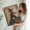 Gothic Blonde Witch Pumpkin Canvas Print, Vintage Autumn Witch Halloween Forest Wall Art