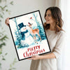 Merry Christmas Watercolor Canvas Print, Snowman Reindeer Bird Winter Forest Scene Holiday Wall Art