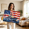 Patriotic Navy Warship American Flag Canvas Wall Art, US Destroyer Battleship Ocean Military Canvas Painting