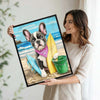 French Bulldog Surfboard Beach Lighthouse Canvas Wall Art, Cute Summer Dog Coastal Vertical Print, Nautical Beach House Pet Lover Wall Decor