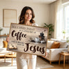 Farmhouse Christian Canvas Wall Art, Coffee & Jesus Quote Vintage Wooden Plank Poster, Coffee Bar Religious Sign