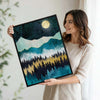 Boho Mountain Forest Night Canvas Wall Art, Full Moon Starry Sky Landscape Print, Teal Gold Abstract Nature Wall Decor for Living Room Bedroom