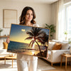 Tropical Palm Tree Beach Sunset Canvas Print, Golden Ocean Coastal Horizontal Wall Art