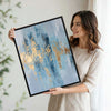 2 Piece Modern Coastal Blue Gold Leaf Abstract Canvas Prints Vertical Brushstroke Painting Contemporary Wall Art