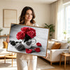 Valentine Red Rose Mug Canvas Wall Art, Heart Cup Gray Rose Petals Rustic Wooden Background Framed Canvas Print, Romantic Bedroom Kitchen Wall Decor