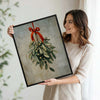 Vintage Mistletoe Red Bow Framed Wall Art Oil Painting Farmhouse Christmas Print