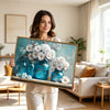 Teal Blue Glass Mason Jars White Daisy Hydrangea Canvas Wall Art, Faith Hope Love Floral Still Life Horizontal Print, Farmhouse Rustic Country Flower Wall Decor
