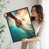 Jesus Reaching Hand Saving Peter On Water Framed Canvas Wall Art, Christian Sea Miracle Religious Faith Home Decor Print