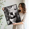 Black And White Black Cat Reading Newspaper On Toilet Canvas Wall Art Funny Tropical Bathroom Wall Deco