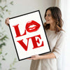 Valentine LOVE Red Lips Canvas Wall Art, Glossy 3D Style Red Letter & Lip Print Framed Canvas Print, Modern Romantic Bedroom Wall Decor