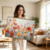 Vibrant Wildflower Field Wall Art, Orange Red Poppy Floral Impasto Oil Painting Canvas Print, Farmhouse Living Room Decor