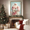 Shabby Chic Pink Santa Framed Canvas Wall Art, Soft Pastel Christmas Decor