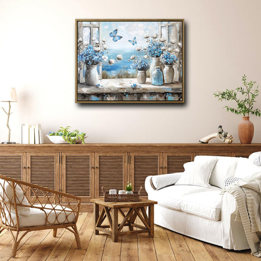 Coastal Window Blue Flower Butterfly Canvas Wall Art, Vintage Vase Seaside Ocean View Impasto Oil Painting Print, Horizontal Farmhouse Cottage Living Room Decor