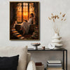 Retro Romantic Canvas Print, Woman Reading Among Old Books, Sunset Window Dark Academia Wall Decor for Book Nook