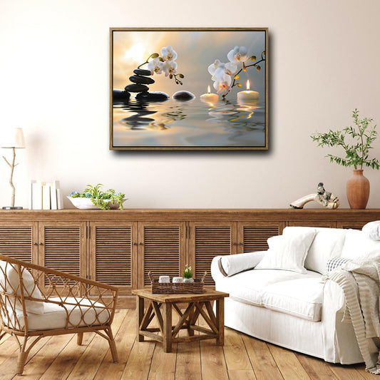 Zen Spa White Orchid Balance Stones Candle Canvas Wall Art, Water Reflection Sunrise Meditation Horizontal Print, Calming Relaxing Bathroom Yoga Room Wall Decor