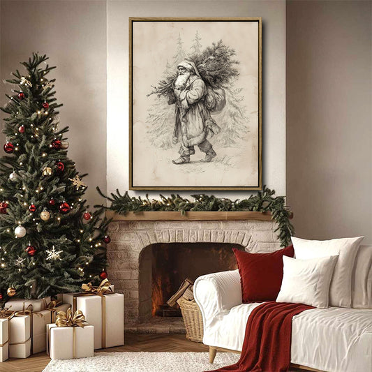 Vintage Sketch Santa Framed Wall Art Antique Drawing Farmhouse Christmas Print