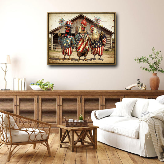 Patriotic Farm Roosters Wall Art, 4th of July American Flag Chicken Canvas Print, Vintage Farmhouse Independence Day Decor