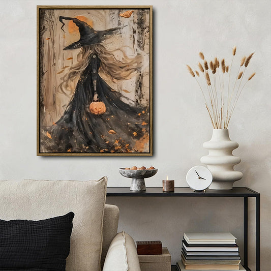 Gothic Blonde Witch Pumpkin Canvas Print, Vintage Autumn Witch Halloween Forest Wall Art