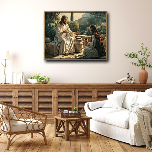 Biblical Scene Canvas Wall Art, Jesus Talking With Samaritan Woman At The Well Vintage Oil‑Style Religious Poster