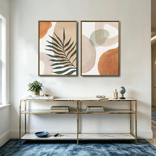 Set of 2 Terracotta Palm Leaf Boho Canvas Wall Art Neutral Organic Shape Decor