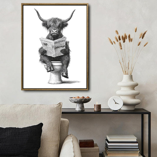 Novelty Highland Cow Wall Canvas, Funny Farm Animal Sitting On Toilet Reading Newspaper Artwork, Rustic Powder Room Decor