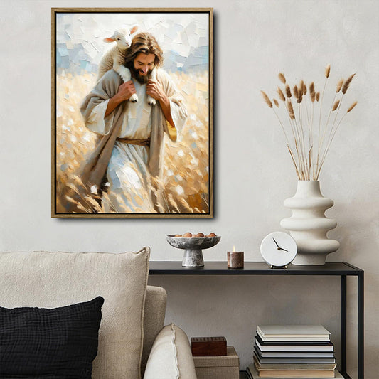 Inspirational Jesus The Good Shepherd Wall Print, Jesus Holding Lamb On Shoulders Farm Field Christian Canvas Decor