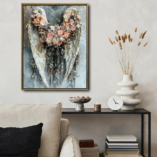 Romantic Flower Angel Wings Wall Print, Antique Floral Angel Wing Canvas for Living Room Bedroom Farmhouse Decor
