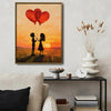 Valentine Couple Silhouette Sunset Canvas Wall Art, Boy Girl With Red Heart Balloons Framed Canvas Print, Romantic Couple Bedroom Wall Decor