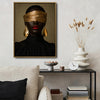 Moody Luxury Portrait Canvas Poster, Black Woman with Gold Blindfold Artwork for Office Gallery Wall Glam Home Decor