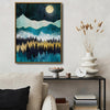 Boho Mountain Forest Night Canvas Wall Art, Full Moon Starry Sky Landscape Print, Teal Gold Abstract Nature Wall Decor for Living Room Bedroom