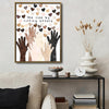 Inspirational Equality Wall Decor, Multi Skin Tone Raised Hands & Neutral Hearts With Quote We Rise By Lifting Others, Unity Diversity Kindness Vertical Canvas Artwork For Classroom Office Home