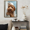 Funny Goldendoodle Bath Time Wall Art, Curly Dog Peeking From Shower Curtain Canvas Print, Quirky Dog Bathroom Wall Decor