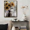 Rustic Sunflower Dark Pitcher Canvas Wall Art, Distressed White Weathered Wood Floral Still Life Vertical Print, Farmhouse Neutral Country Sunflower Wall Decor