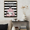 Fashion Pink Perfume Books Canvas Wall Art, Black White Stripe Inspirational Quote Beauty Vertical Print, Glam Women Bedroom Makeup Room Wall Decor