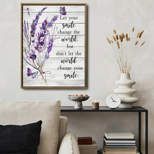 Lavender Butterfly Inspirational Quote Canvas Wall Art, "Let Your Smile Change The World" Rustic Wood Background Floral Print, Farmhouse Motivational Wall Decor