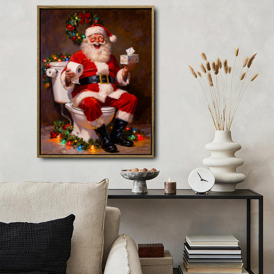 Humorous Christmas Framed Canvas Art | Funny Santa on Toilet Bathroom Wall Decor, Retro Holiday Xmas Wall Hanging Gift