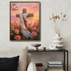 He is Risen Cross White Drape Rose Field Religious Canvas Wall Art
