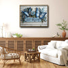 Farmhouse Relaxing Wall Decor, Two Blue Butterflies & Blue Flowers With Quote Just Breathe, Distressed White Wood Plank Background 3D Textured Look Horizontal Inspirational Canvas Artwork